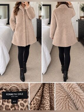 Kenneth Cole Taupe Plush Faux Fur Teddy Jacket